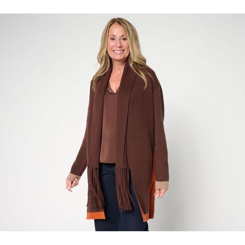 Women Control Women's Top Sweater Sz M Color Block Fringe Duster Brown A704068